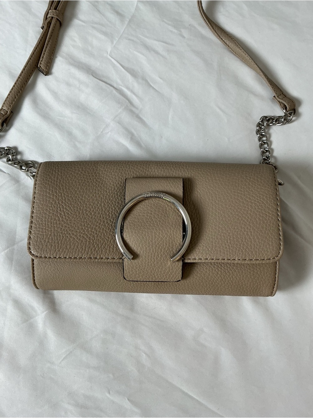 Nine West Taupe Leather Crossbody with Silver Ring Detail